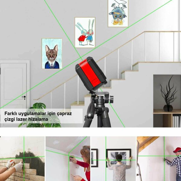 KOBB KBL92G Yatay ve Dikey Otomatik Hizalamalı Yeşil Çapraz Çizgi Lazer, 2 Noktalı Şakül Lazer Distomat + Mini Tripod