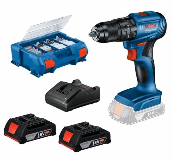 BOSCH GSB 185-LI Darbeli Şarjlı Matkap 18 Volt Çift Akülü + 82 Parça Aksesuar Seti