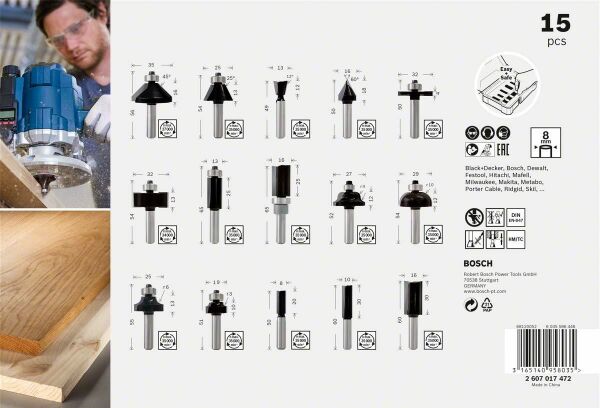 BOSCH 8 mm Saplı Profesyonel Ahşap Freze Bıçak Seti 15 Parça (2607017472)