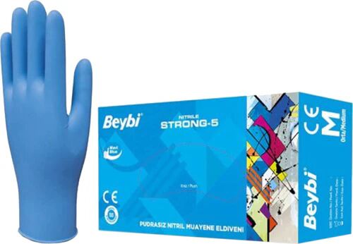 BEYBİ Strong-5 Pudrasız Mavi Nitril Muayene Eldiveni - 100'lü Paket (Beden Seçiniz)