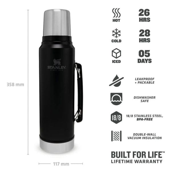 STANLEY Klasik Vakumlu Çelik Termos 1 Litre (Siyah)