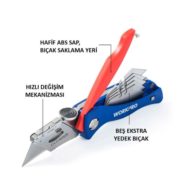 WORKPRO WP211006 Ağır Hizmet Paslanmaz Çelik Gövde Katlanır Rötuş Maket Bıçağı + 6 Adet Yedek Bıçak