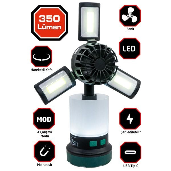ROX Şarjlı Çok Fonksiyonlu Fanlı Outdoor Kamp Feneri 350 Lümen (153ROX0218)