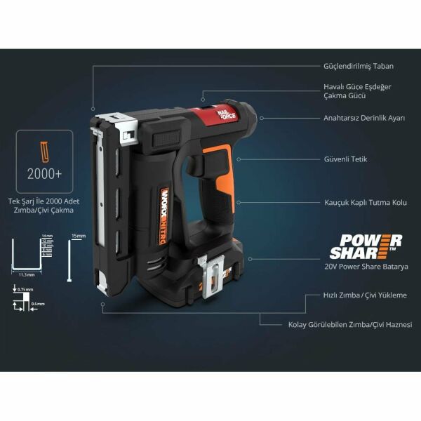 WORX WX843 Akülü Çivi - Zımba Çakma Tabancası 20 Volt Tek Akü