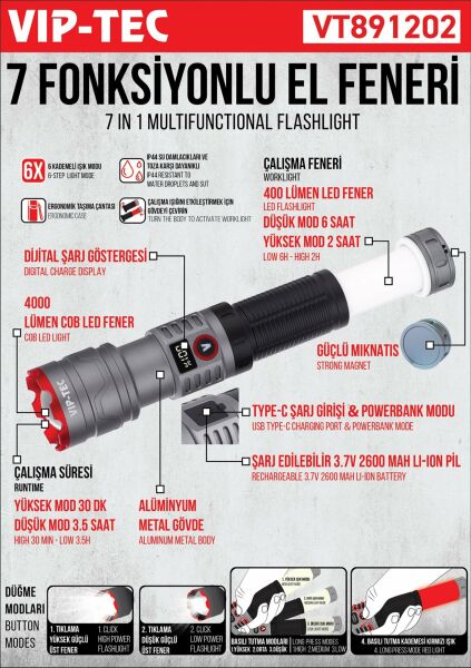 VIPTEC 7 Fonksiyonlu Şarjlı El Feneri (VT891202)
