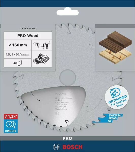 BOSCH 160x20x1,5 mm 48 Diş PRO Wood Ahşap Elmas Daire Testere Bıçağı