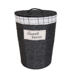 Yuvarlak Sweethome Kapaklı Hasır Çamaşır Sepeti (Beyaz Kare Kumaş İçli) Siyah 37 X 48 X 37 Cm