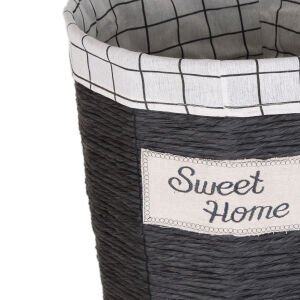 Yuvarlak Sweethome Kapaklı Hasır Çamaşır Sepeti (Beyaz Kare Kumaş İçli) Siyah 37 X 48 X 37 Cm