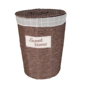 Yuvarlak Sweethome Kapaklı Hasır Çamaşır Sepeti (Gri Kare Kumaş İçli) Kahverengi 37 X 48 X 37 Cm