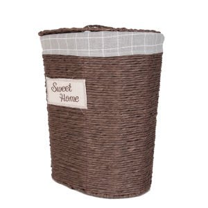 Oval Sweethome Kapaklı Hasır Çamaşır Sepeti (Gri Kare Kumaş İçli) Kahverengi 48 X 53 X 35 Cm