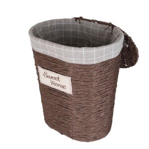 Oval Sweethome Kapaklı Hasır Çamaşır Sepeti (Gri Kare Kumaş İçli) Kahverengi 48 X 53 X 35 Cm