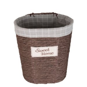 Oval Sweethome Kapaklı Hasır Çamaşır Sepeti (Gri Kare Kumaş İçli) Kahverengi 48 X 53 X 35 Cm