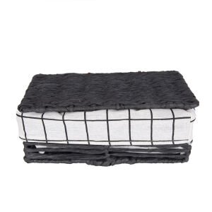 Dikdörtgen Kapaklı Hasır Sepet (Beyaz Kare Kumaş İçli) Siyah 31 X 14 X 21 Cm