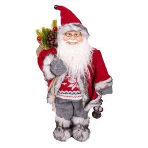 Yılbaşı Noel Baba Hediye Çuvallı Fenerli Gri Pantolonlu Kırmızı-Gri 45 Cm.