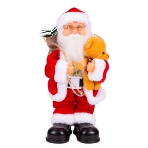 Yılbaşı Noel Baba Işıklı Hareketli Ve Müzikli Peluş Ayı Figürlü Kırmızı 30 Cm.