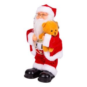 Yılbaşı Noel Baba Işıklı Hareketli Ve Müzikli Peluş Ayı Figürlü Kırmızı 30 Cm.