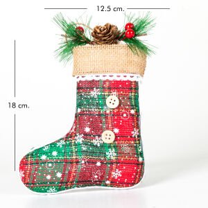Ekose Desenli Dekorlu Berry'li Yılbaşı Çorap Kırmızı-Yeşil 12.5x18 Cm.