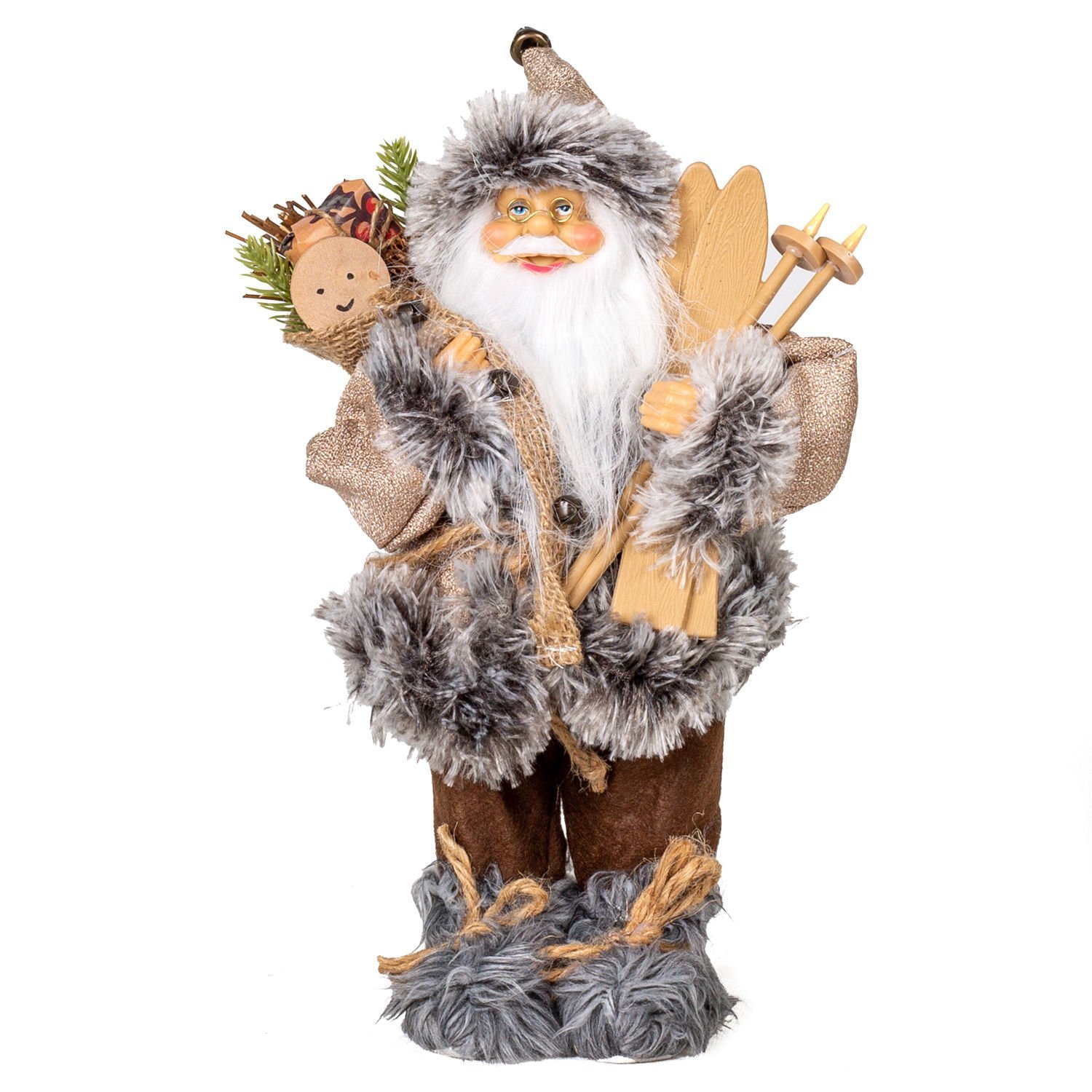 Yılbaşı Kahverengi Pantolonlu Kayak Takımı ve Paket Taşıyan Noel Baba 30 Cm.