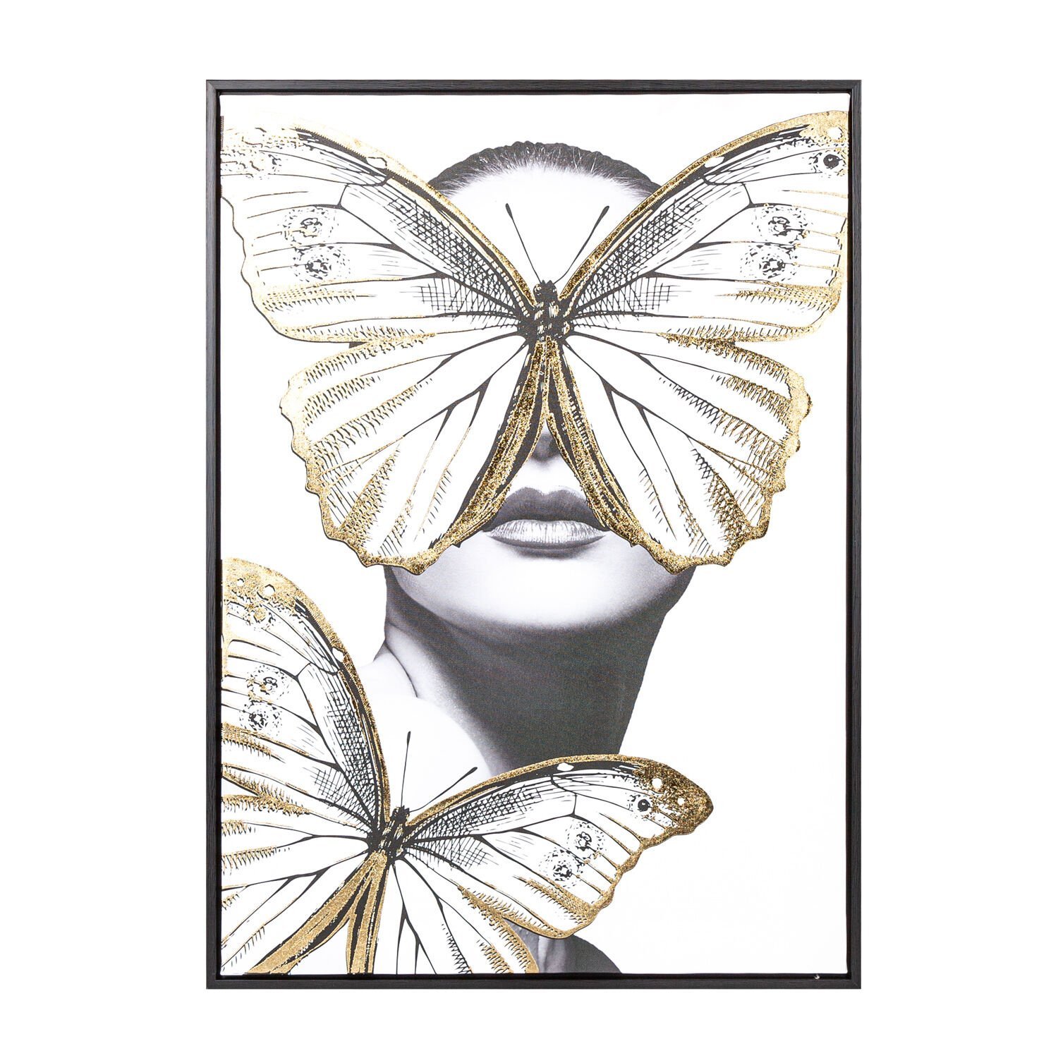 Siyah Ahşap Çerçeveli Gold Kabartmalı Kelebekler Ve Kadın Modern Kanvas Tablo Gold-Beyaz 50x3x70 Cm.