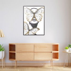 Siyah Ahşap Çerçeveli Gold Kabartmalı Kelebekler Ve Kadın Modern Kanvas Tablo Gold-Beyaz 50x3x70 Cm.