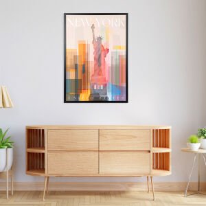 Siyah Ahşap Çerçeveli New York Özgürlük Heykeli MDF Üzeri Baskı Tablo Kırmızı-Turuncu 50x2,5x70 Cm.