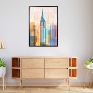 Siyah Ahşap Çerçeveli New York Empire State MDF Üzeri Baskı Tablo Kırmızı-Turuncu 50x2,5x70 Cm.