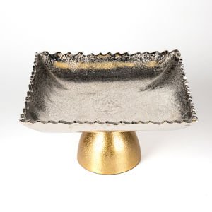 Dekoratif Metal Ayaklı Kare Tabak Gümüş-Gold 24x13x24 Cm.