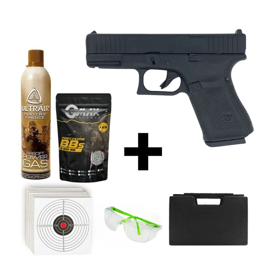 We Glock G19 Gen5 Siyah  + Green Gas + 0.20gr BB + Taşıma Çantası + Atış Gözlüğü