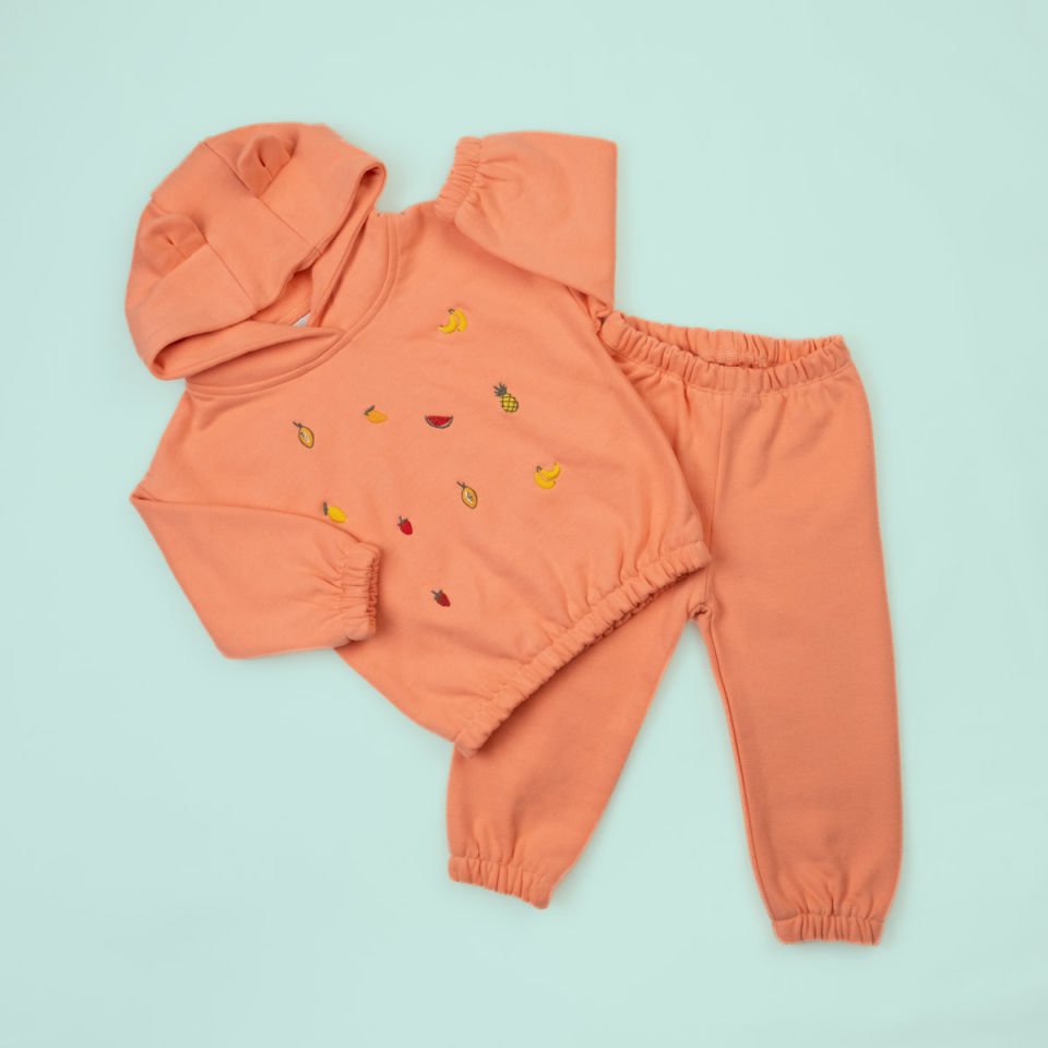 Somon Meyve Nakışlı Kulak Detaylı Çocuk Sweat Takım
