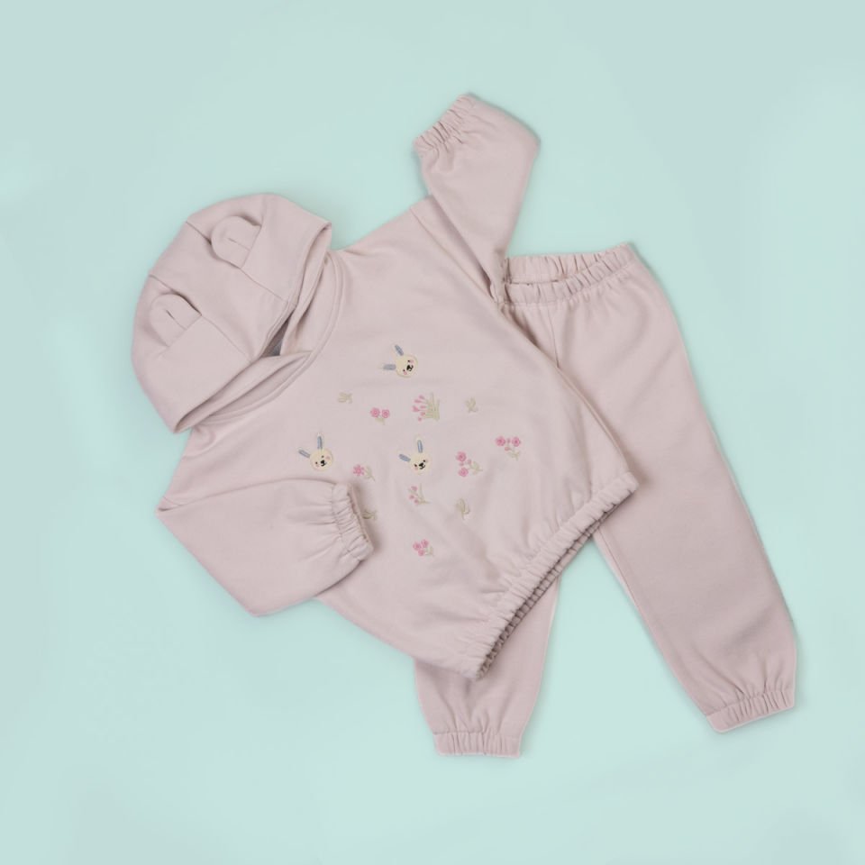 Lila Tavşan Nakışlı Kulak Detaylı Çocuk Sweat Takım