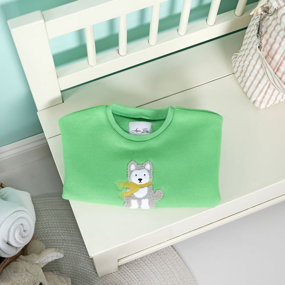 Yeşil Husky Nakışlı Çocuk Sweat
