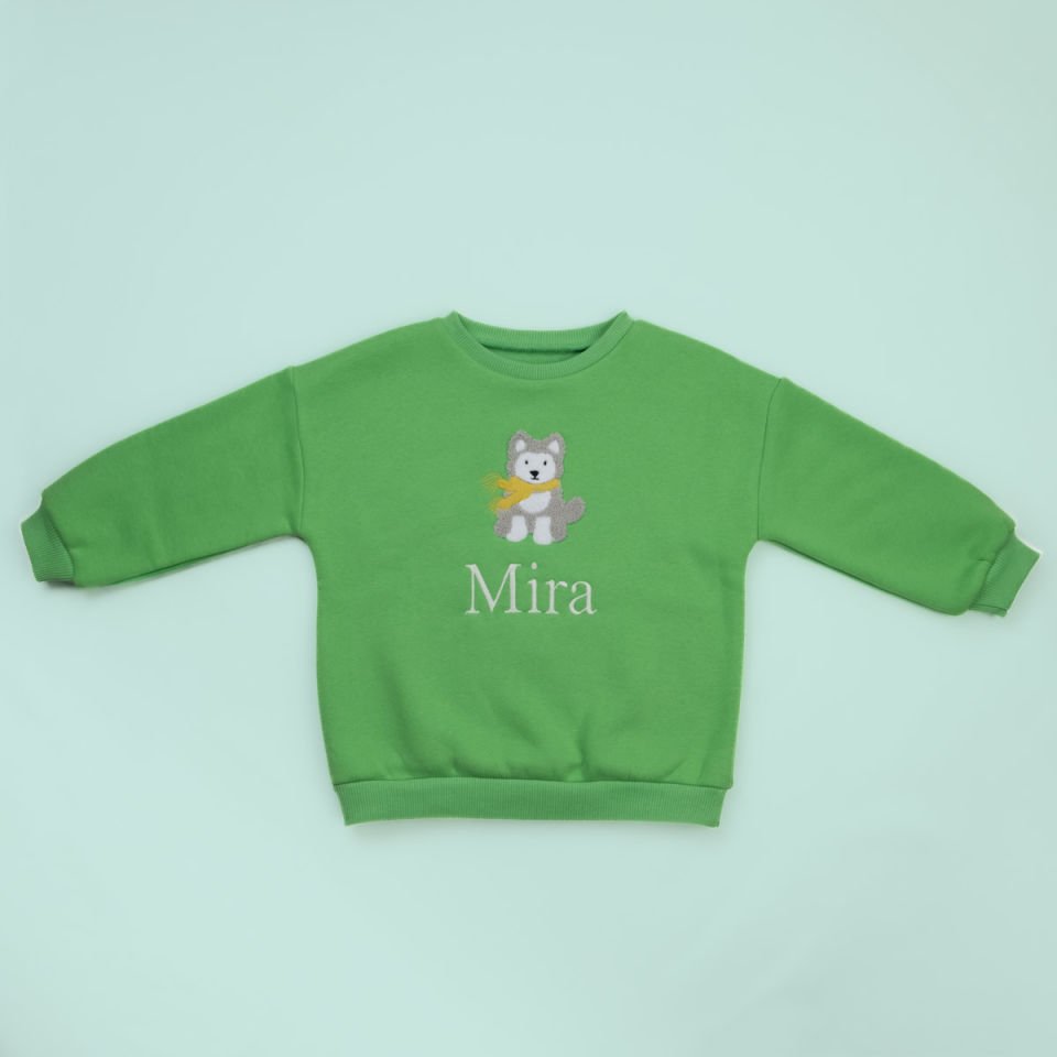 Yeşil Husky Nakışlı Çocuk Sweat