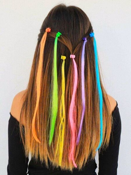 GökkuşağıTicaret 6 Lı Mandal Tokalı Rainbow Renkli Saç Tüyü Takma Postiş Saç Mandal