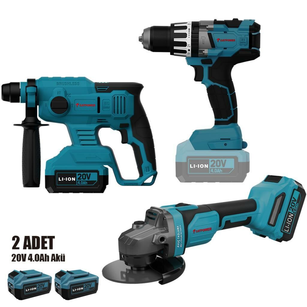 AKÜLÜ VİDALAMA, KIRICI, TAŞLAMA (3 MAKİNE) KÖMÜRSÜZ 20V +2 Adet 4.0 Ah Akü +Hızlı Şaj Cihazı