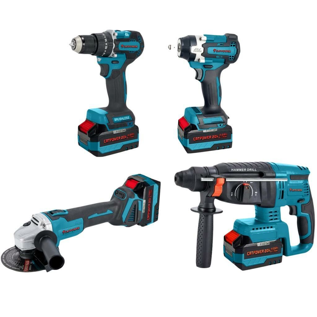 CATPOWER 1580 Kömürsüz 4'lü Akülü Vidalama, Somun Sıkma, Kırıcı Delici ve Avuç Taşlama Seti 20V 4.0Ah