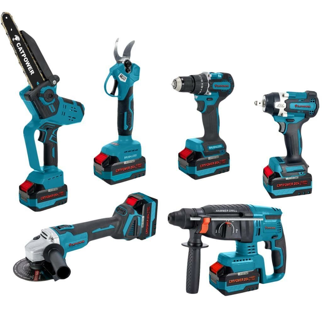 CATPOWER 1560 Kömürsüz Akülü 6'lı Set Vidalama, Somun Sıkma, Kırıcı Delici, Avuç Taşlama, Budama Testeresi, Budama Makası 20V 4.0Ah