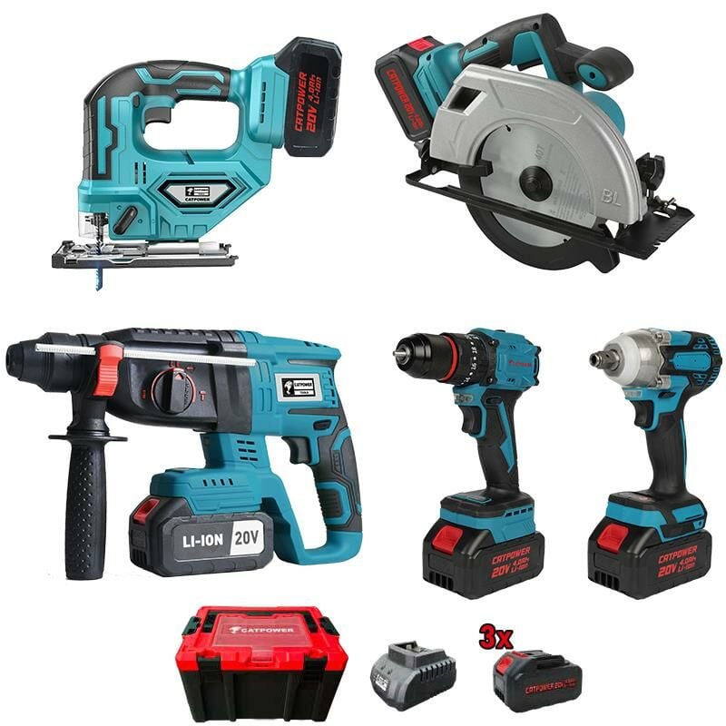 CATPOWER 1395 Kömürsüz Akülü 5’li Set Vidalama, Kırıcı Delici, Sunta Kesme, Somun Sıkma Dekupaj 20V 4.0 Ah Li-ion