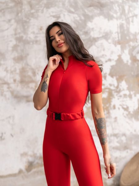 2338 With Belt Jumpsuit Red Color