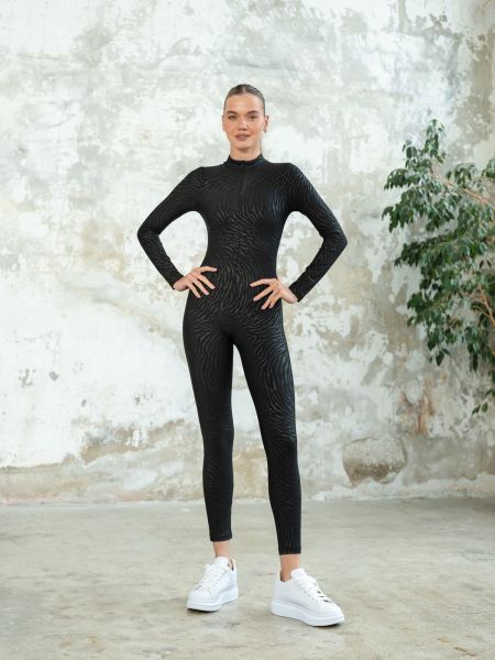 2351 Moselle Leather Look Long Sleeve Jumpsuit Black Color