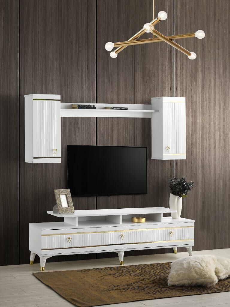 KORDON MDF MEBRAN KAPAK TV ÜNİTESİ BAROK CEVİZ - GOLD BEYAZ