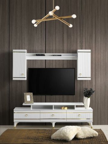 KORDON MDF MEBRAN KAPAK TV ÜNİTESİ BAROK CEVİZ - GOLD BEYAZ