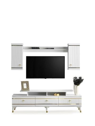 KORDON MDF MEBRAN KAPAK TV ÜNİTESİ BAROK CEVİZ - GOLD BEYAZ