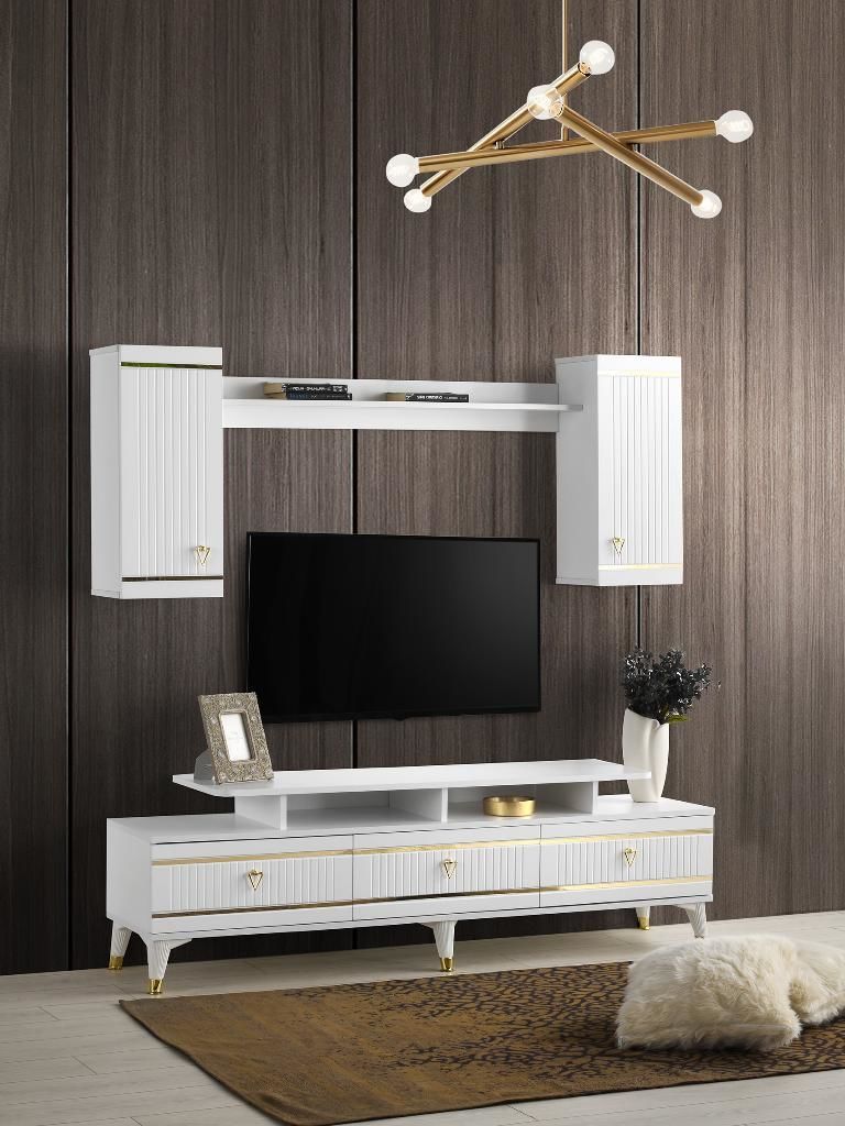 KORDON MDF MEBRAN KAPAK TV ÜNİTESİ BEYAZ - GOLD