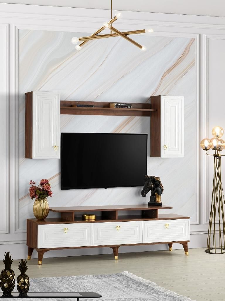 LABİRENT MDF MEBRAN KAPAK TV ÜNİTESİ BAROK CEVİZ - BEYAZ