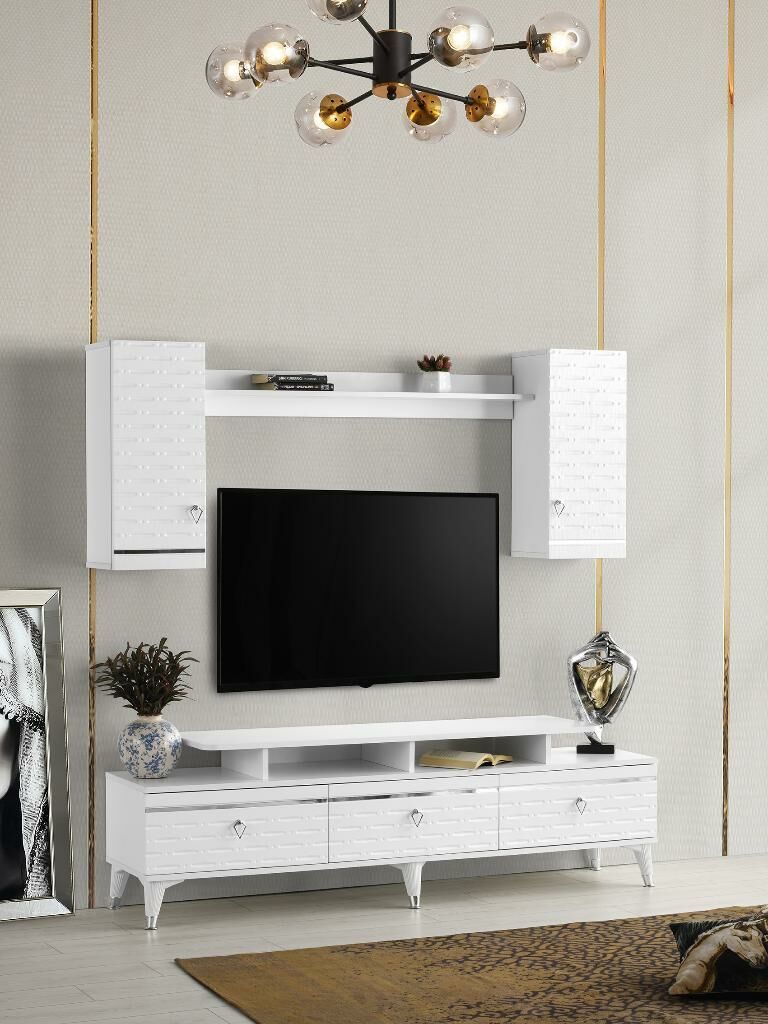 DAMLA MDF MEBRAN KAPAK TV ÜNİTESİ BEYAZ - GOLD
