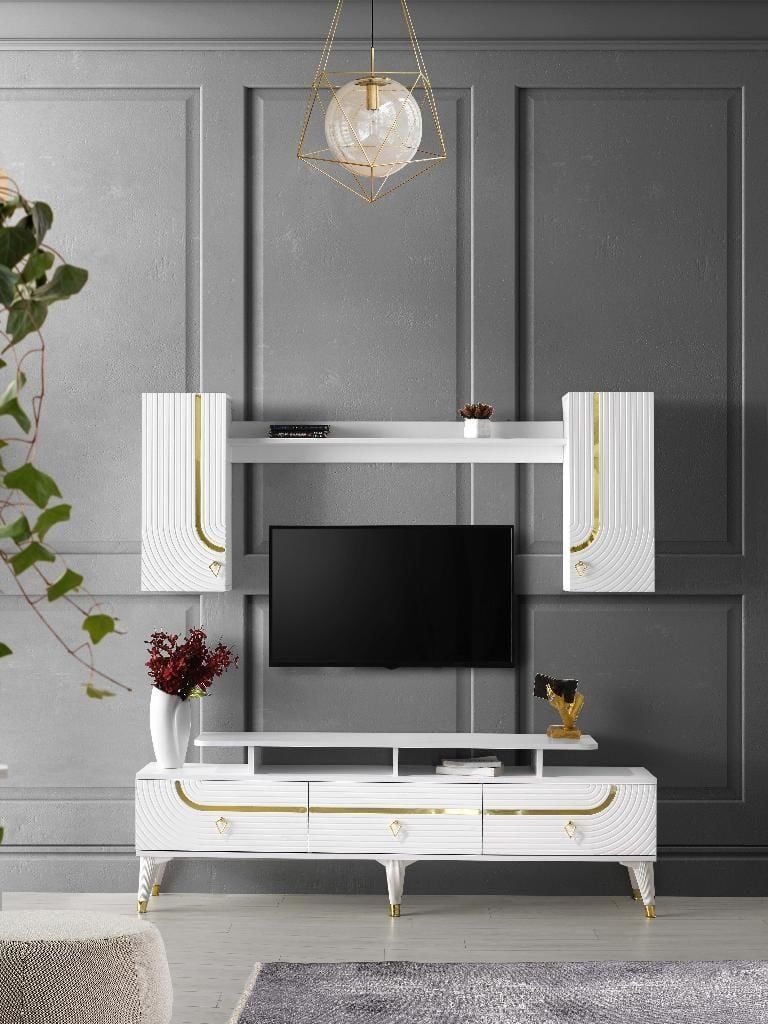 ART MDF MEBRAN KAPAK TV ÜNİTESİ BEYAZ - GOLD
