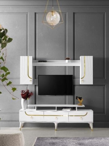 ART MDF MEBRAN KAPAK TV ÜNİTESİ BEYAZ - GOLD