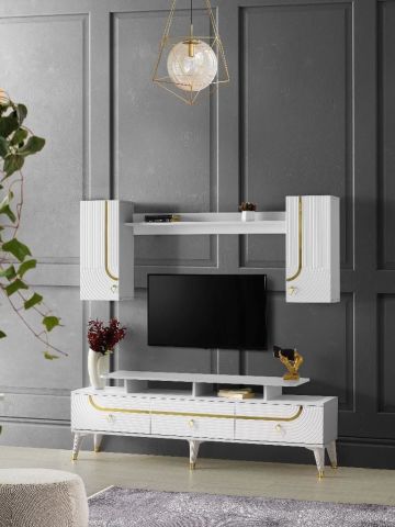 ART MDF MEBRAN KAPAK TV ÜNİTESİ BEYAZ - GOLD