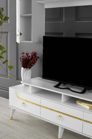 ART MDF MEBRAN KAPAK TV ÜNİTESİ BEYAZ - GOLD