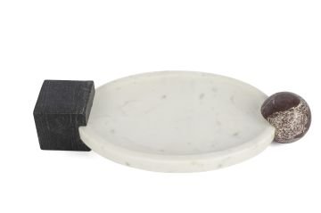 Beyaz Geometrik Kulplu Mermer Dekoratif Tabak 41x21x8cm